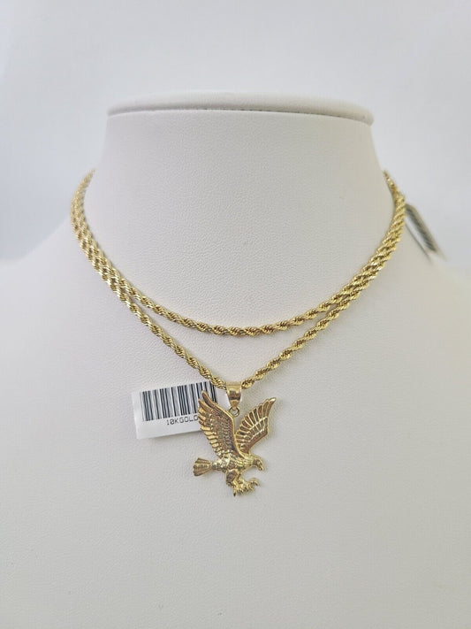 10k 2.5mm Rope Chain Eagle Pendant 18" - 30" Yellow Gold Set Charm Necklace - Reva Jeweler