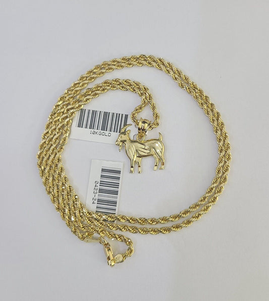 10k 2.5mm Rope Chain GOAT Pendant 18" - 30" Yellow Gold Set Charm Necklace - Reva Jeweler