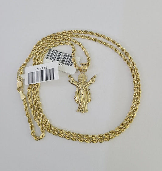 10k 2.5mm Rope Chain Jesus Pendant 18" - 30" Yellow Gold Set Charm Necklace - Reva Jeweler