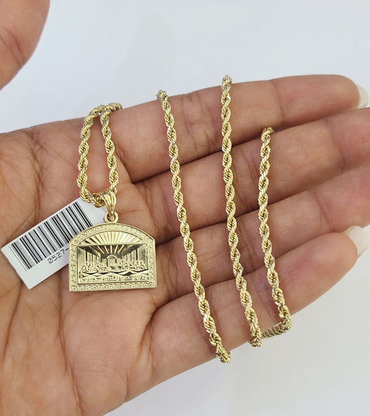 10k 2.5mm Rope Chain Last Supper Pendant 18" - 30" Yellow Gold Set Charm Necklace - Reva Jeweler