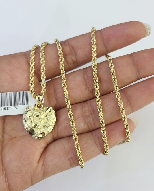 10k 2.5mm Rope Chain Nugget Heart Pendant 18" - 30" Yellow Gold Set Charm Necklace - Reva Jeweler