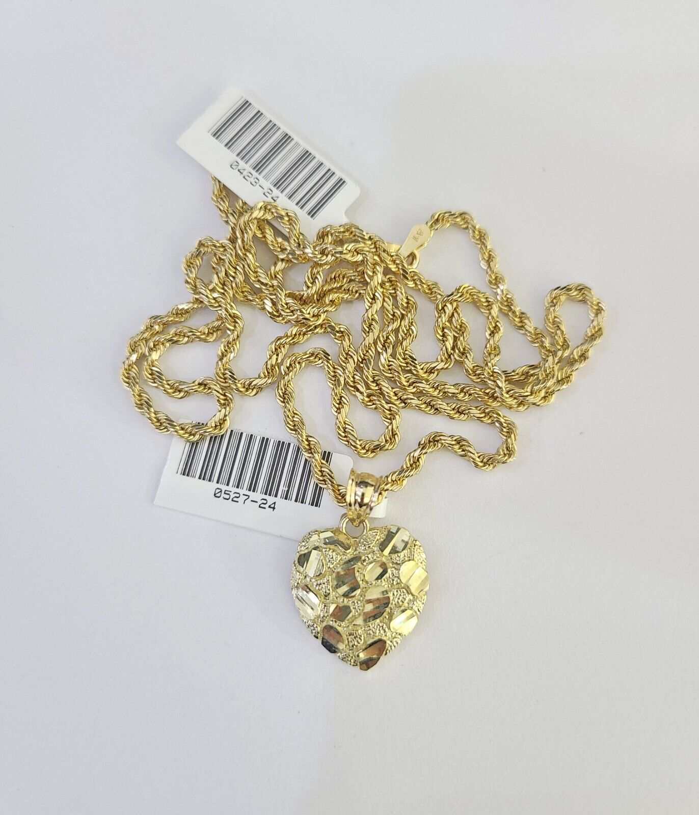 10k 2.5mm Rope Chain Nugget Heart Pendant 18" - 30" Yellow Gold Set Charm Necklace - Reva Jeweler