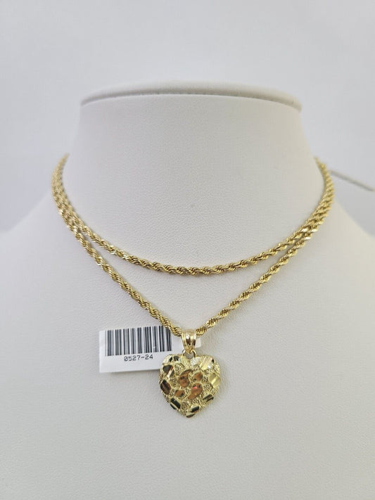 10k 2.5mm Rope Chain Nugget Heart Pendant 18" - 30" Yellow Gold Set Charm Necklace - Reva Jeweler