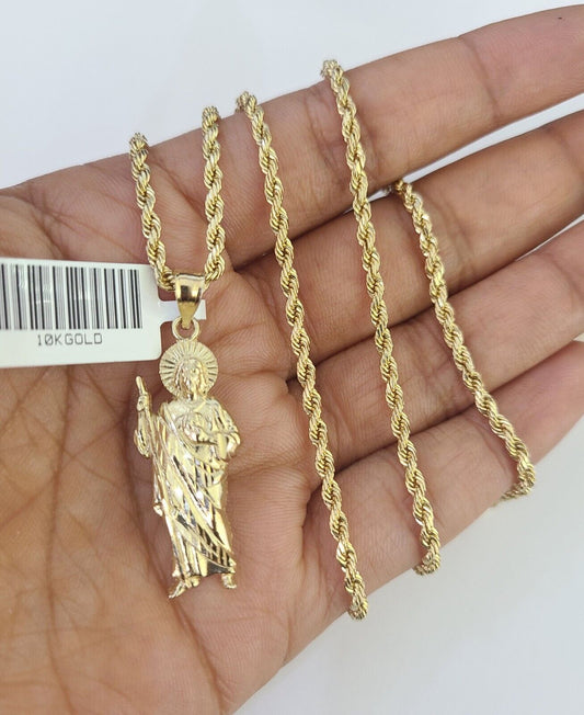 10k 2.5mm Rope Chain Saint Jude Pendant 18" - 30" Gold Set Charm Necklace - Reva Jeweler
