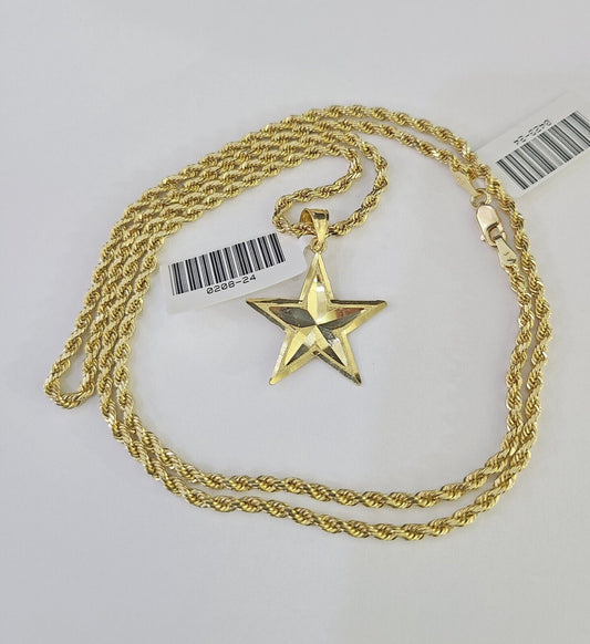 10k 2.5mm Rope Chain Star Pendant 18" - 30" Yellow Gold Set Charm Necklace - Reva Jeweler