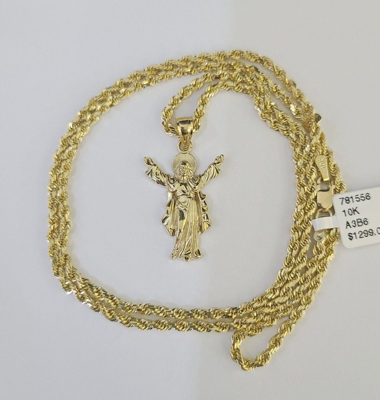 10k 3mm Rope Chain Jesus Full Body Pendant 18" - 30" Gold Set Charm Necklace - GoldenlinQ