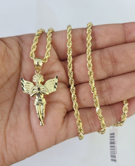 10k 3mm Rope Chain Praying Angel Pendant 18" - 30" Yellow Gold Set Charm Necklace - GoldenlinQ