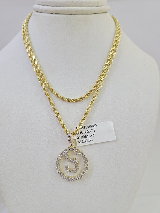 10k 3mm Rope Chain S Diamond Pendant Alphabet 18" - 30" Gold Set Charm Necklace - GoldenlinQ