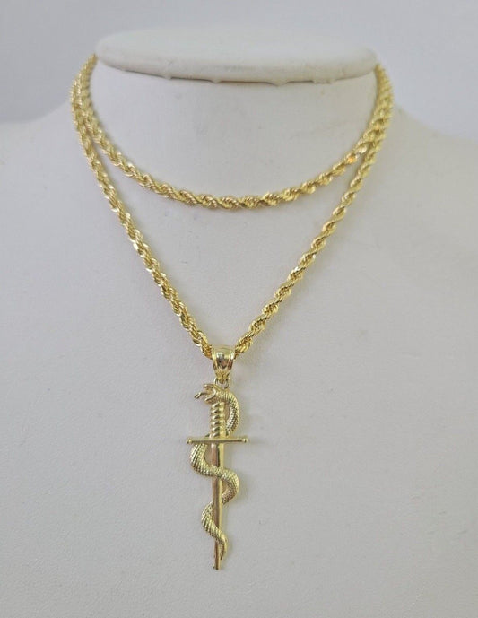10k 3mm Rope Chain Snake Sword Pendant 18" - 30" Yellow Gold Set Charm Necklace - GoldenlinQ