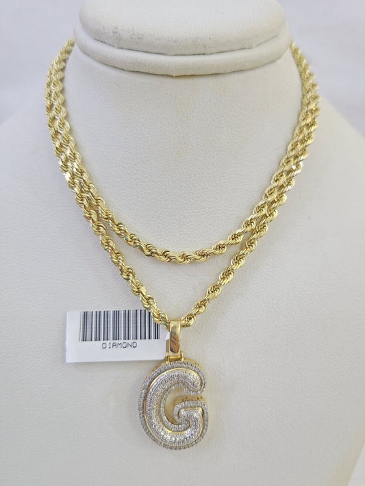10k 3mm Rope Solid Chain G Diamond Pendant Alphabet 18" - 28" Gold Charm Necklace - GoldenlinQ