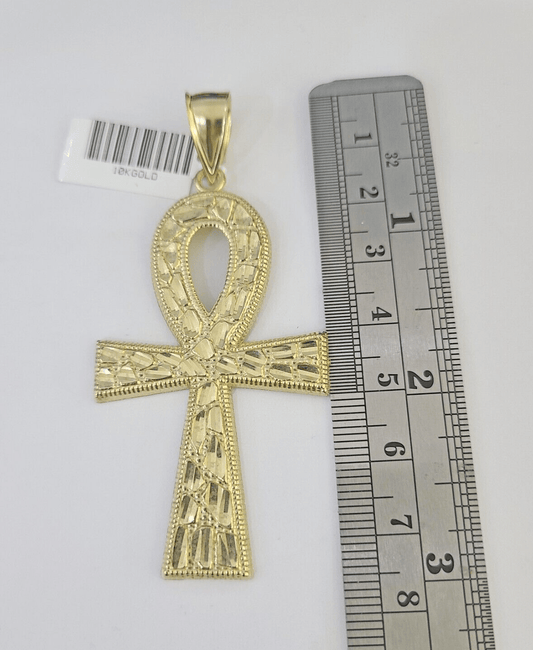 10k Ankh Cross Pendant Jesus Cross Nugget Style Yellow Gold Charm Real Genuine - GoldenlinQ