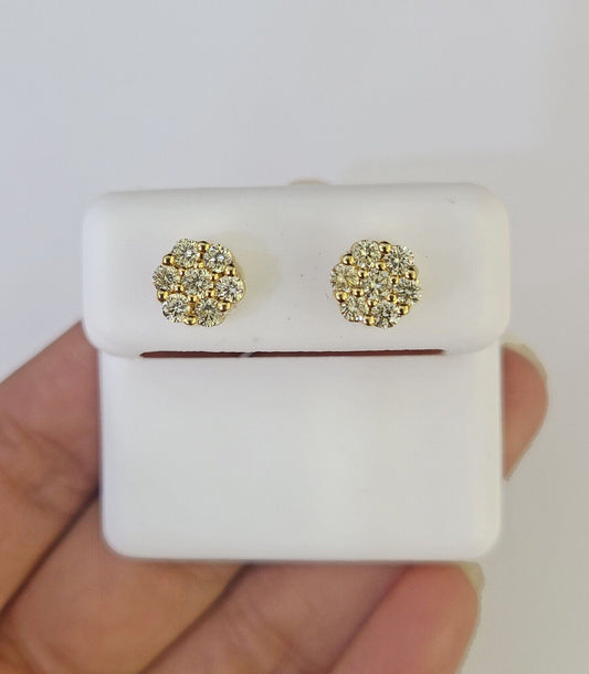 10k Diamond Flower Earrings Yellow gold Real screw - back Women Men Studs - GoldenlinQ