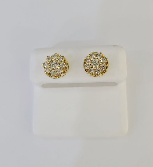 10k Diamond Flower Earrings Yellow gold Real screw - back Women Men Studs - GoldenlinQ