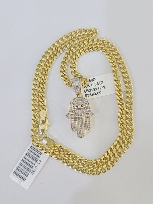 10k Diamond Hamsa Charm Miami Cuban Chain 4mm 22 inch SET Yellow Gold - Reva Jeweler