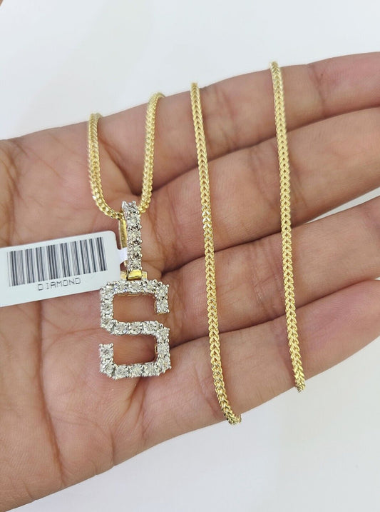10K Franco Chain Diamond S Pendant Initial Charm Letter Necklace 18" - 24" 1.5mm - GoldenlinQ