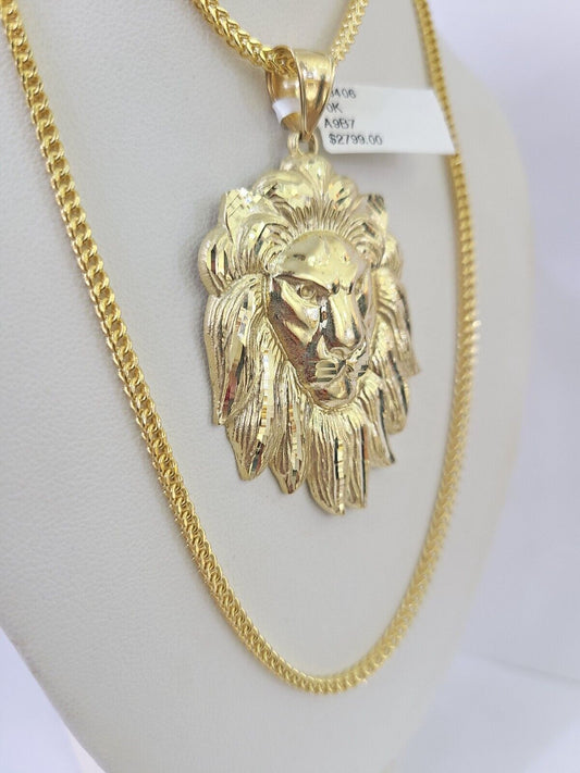 10K Franco Chain Roaring Lion Pendant Charm Necklace 20" - 26" 2.5mm Yellow Gold - GoldenlinQ