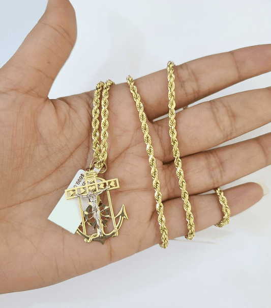 10k Gold Anchor Jesus Pendant Rope Chain 3mm 18'' Necklace Set Diamond Cut - Reva Jeweler
