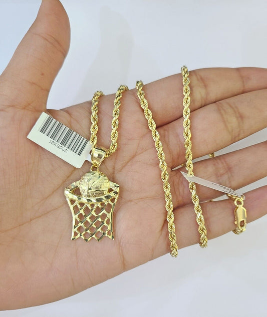 10k Gold Basketball Goal Pendant Rope Chain 3mm 18'' Necklace Set Yellow Genuine - Reva Jeweler
