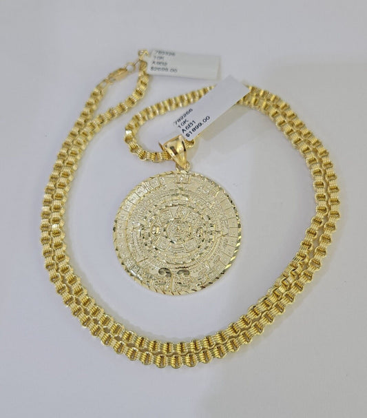 10k Gold Byzantine Necklace Mayan Calendar Charm 18 - 26 inches 3mm SET Chain - GoldenlinQ
