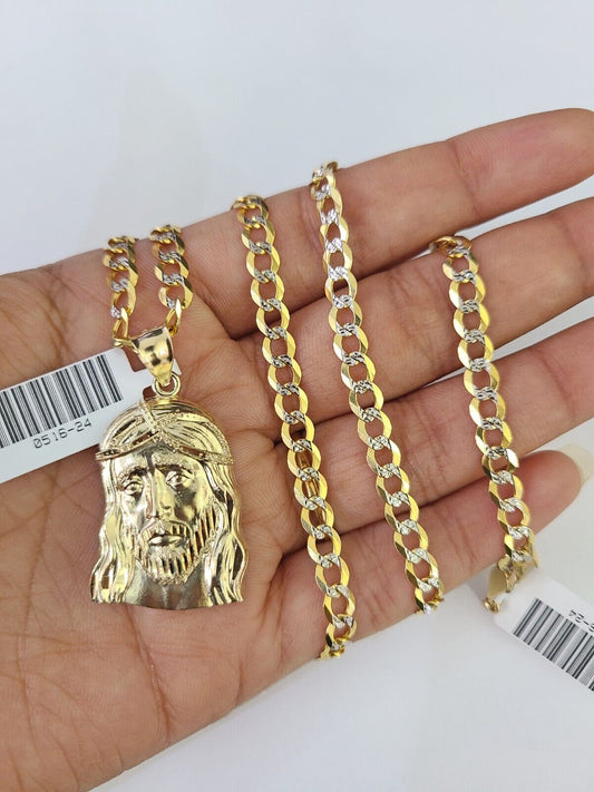 10k Gold Chain Jesus Head Charm Solid Cuban Curb Link 5mm 18" - 28" Inch SET - GoldenlinQ