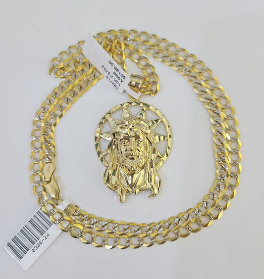 10k Gold Chain Jesus Head Charm Solid Cuban Curb Link 5mm 18" - 28" Inch SET - GoldenlinQ