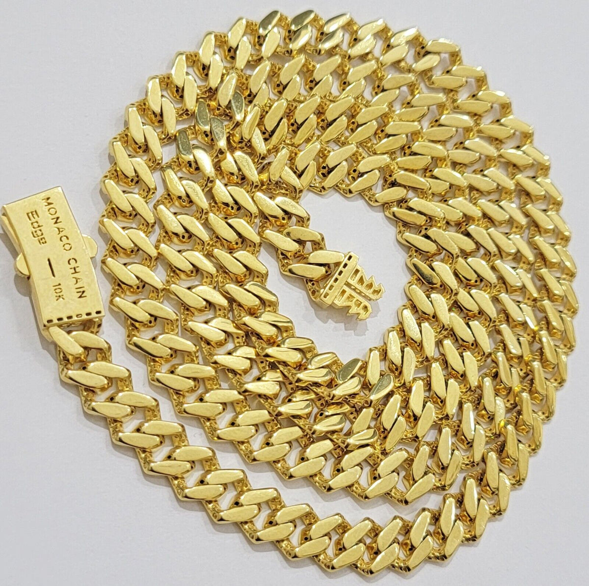 10k Gold chain Monaco Cuban Link necklace 7.5mm 18 - 24 Inch Box Lock Real 10 KT - Reva Jeweler