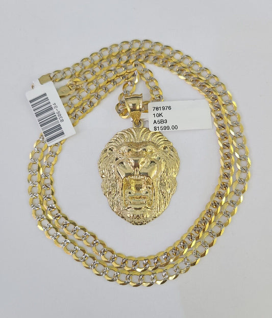 10k Gold Chain Roaring Lion Charm Solid Cuban Curb 5mm 18" - 28" Inch SET Necklace - GoldenlinQ