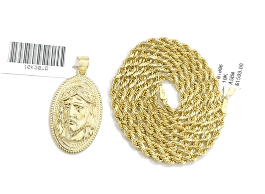10k Gold Circular Jesus Head Charm Rope Chain Necklace 3mm 20'' Set Pendant 10kt - Reva Jeweler