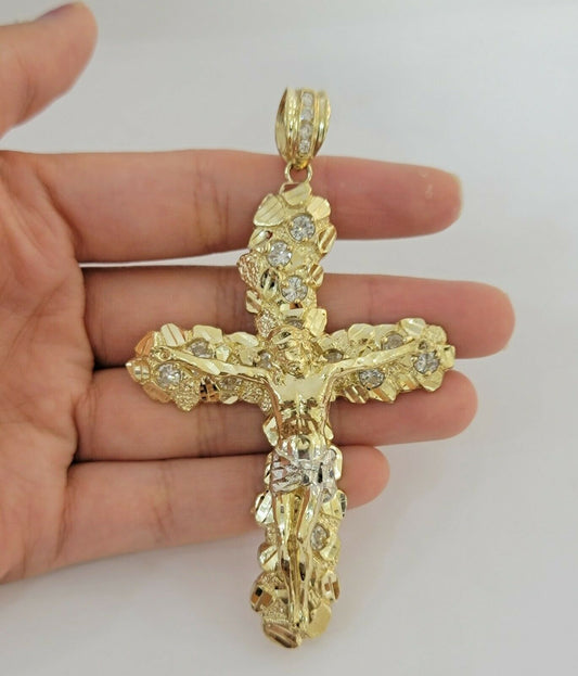 10k Gold Cross Pendant Men's 3.5 Inch long10kt Yellow Gold Jesus Crucifix, REAL - Reva Jeweler