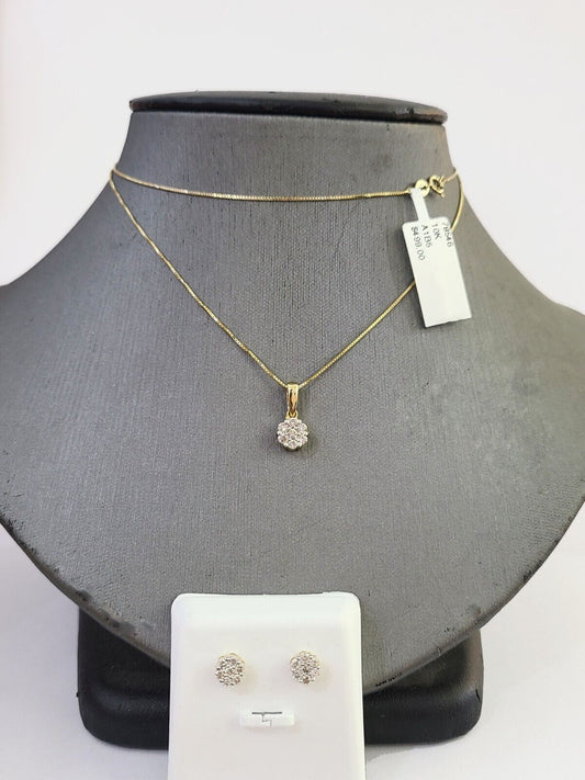 10k Gold Diamond Flower Earrings pendant Box Chain SET 22" Inch 1mm For Ladies - Reva Jeweler