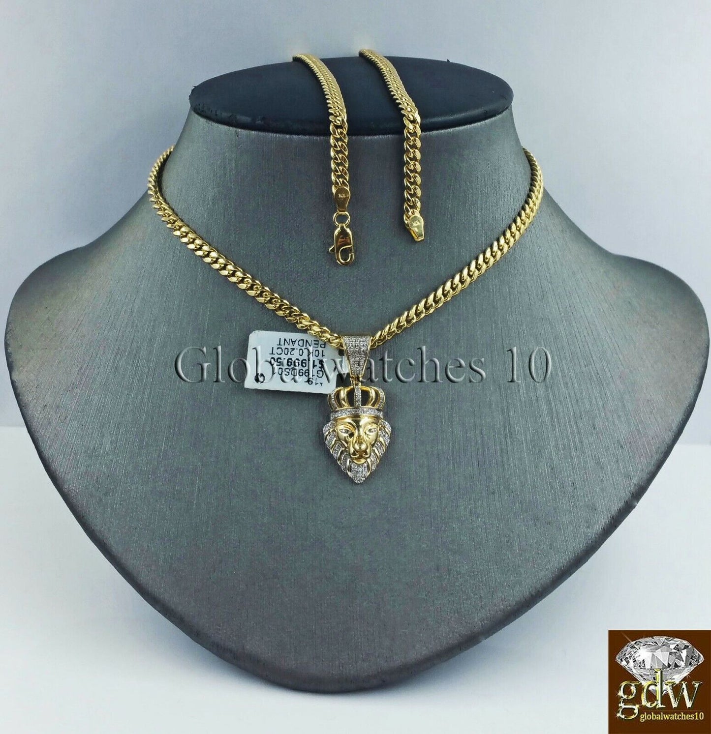 10k Gold & Diamond Lion's Head Charm with 26" Inch Miami Cuban Chain Men Real - Reva Jeweler