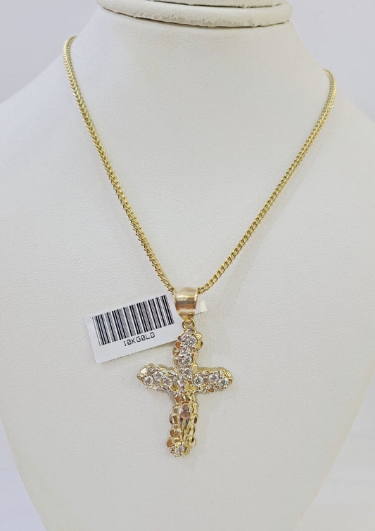 10K Gold Franco Chain 1.5mm Length 18" 20" 22" 24" 26" 28" 30" & Cross Charm - Reva Jeweler