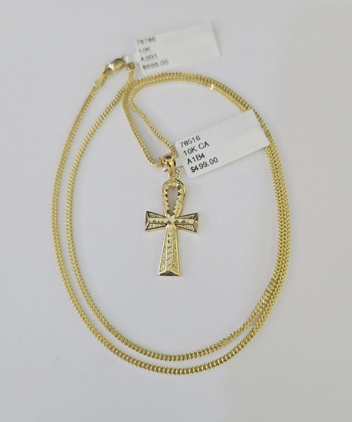 10K Gold Franco Chain Ankh Jesus Cross Charm SET 18 - 24 inches 1mm Necklace - GoldenlinQ