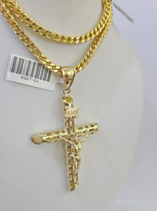 10K Gold Franco Chain INRI Cross Charm Length 18 - 26 inches 3mm REAL Yellow - GoldenlinQ