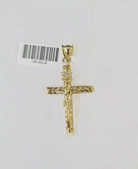 10k Gold INRI Jesus Pendant Rope Chain 3mm 24'' Necklace Set Real Genuine - Reva Jeweler