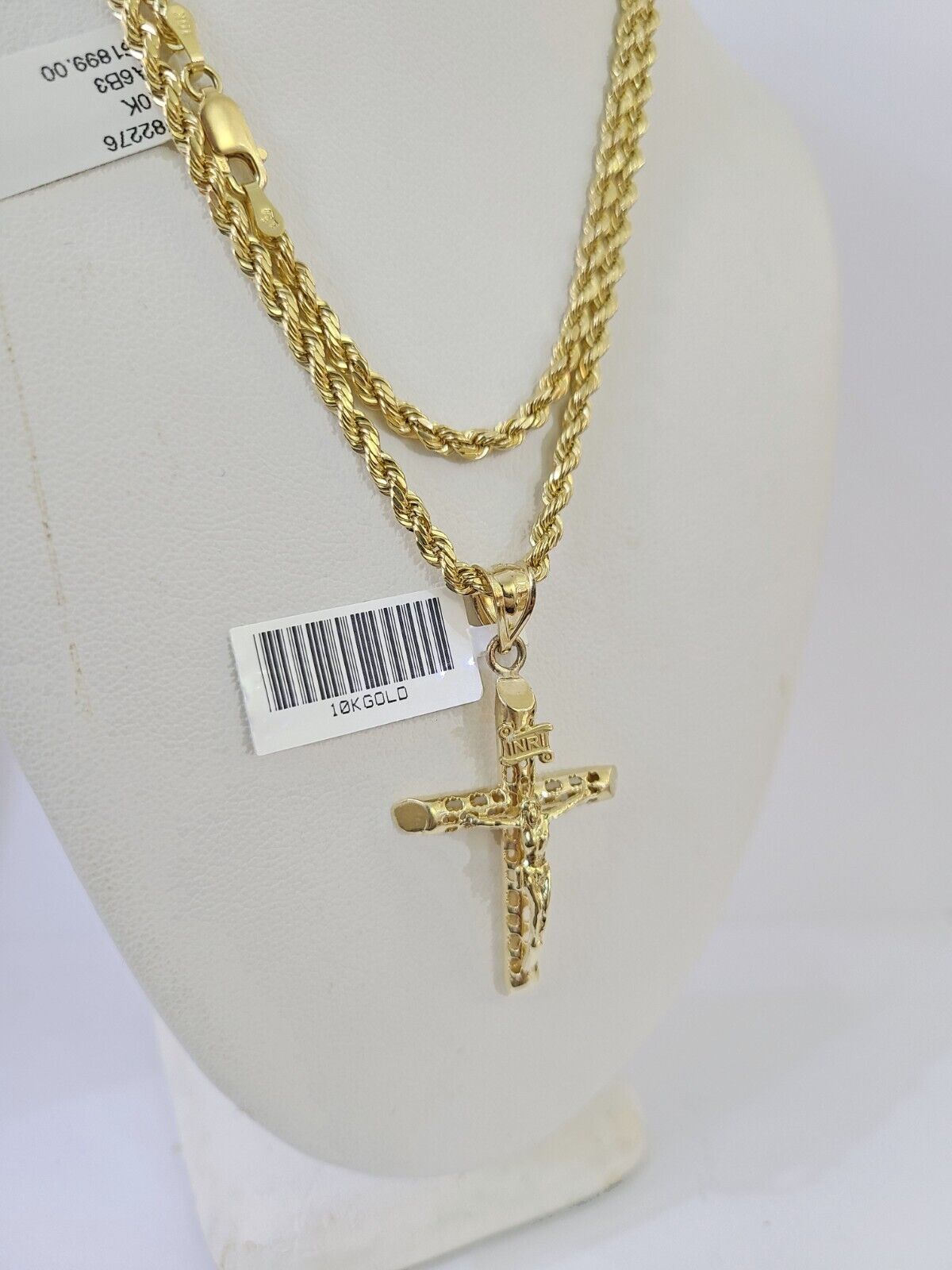 10k Gold INRI Jesus Pendant Rope Chain 3mm 24'' Necklace Set Real Genuine - Reva Jeweler