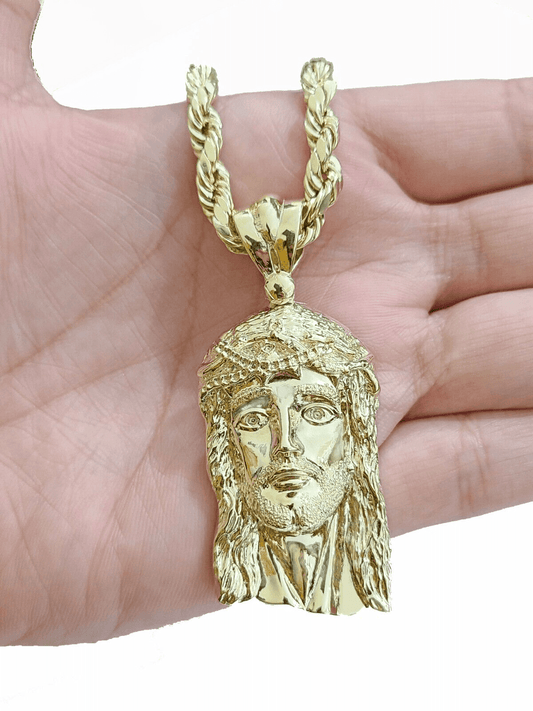 10k Gold Jesus Head Charm Rope Chain Necklace 6mm 20'' Set & Pendant 10kt REAL - Reva Jeweler
