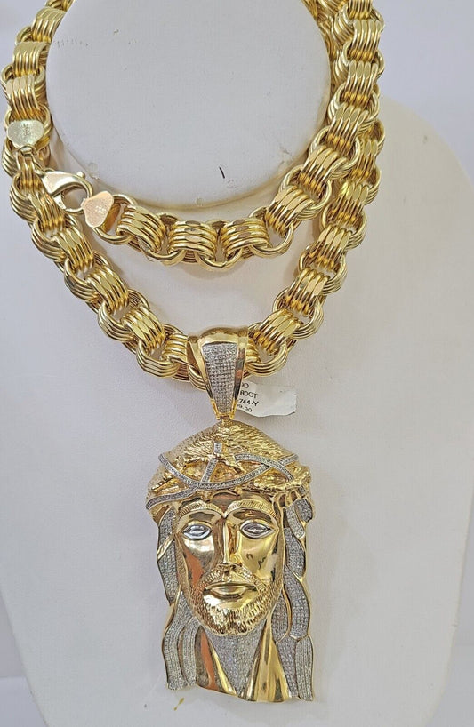 10k Gold Jesus Head Pendant Byzantine Chain 12mm 26'' Necklace Set Real Genuine - Reva Jeweler