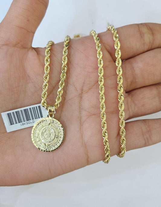 10k Gold Mayan Calendar Pendant Rope Chain 3mm 18'' Necklace Set Real Yellow - Reva Jeweler