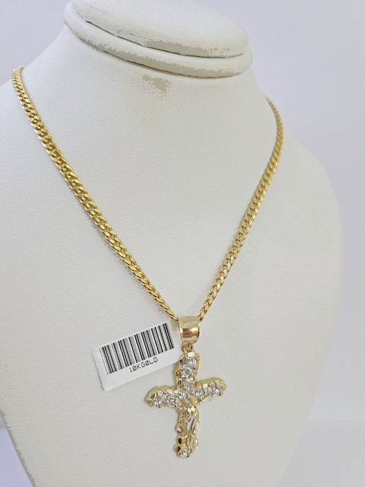 10K Gold Miami Cuban Chain 3mm Length 18" 20" 22" 24" 26" & Cross Charm SET - Reva Jeweler