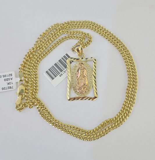 10K Gold Miami Cuban Chain Virgin Mary Charm 20" - 28" 3mm REAL Pendant - GoldenlinQ