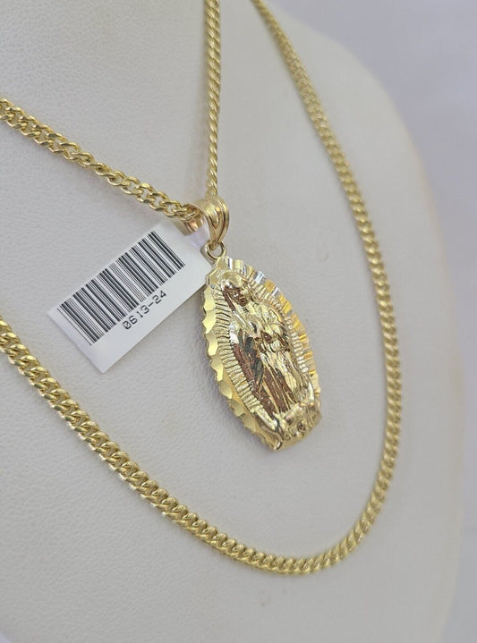 10K Gold Miami Cuban Chain Virgin Mary Charm 20" - 28" 3mm REAL Pendant - GoldenlinQ