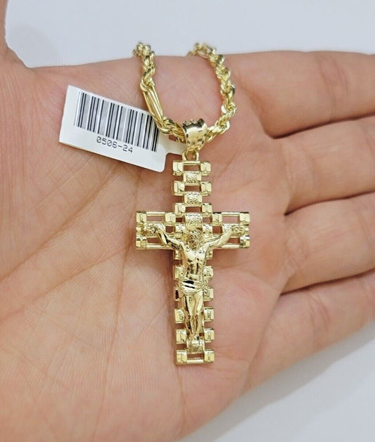 10k Gold Milano Rope Chain Jesus Cross Charm Pendant Set 18 - 24'' Inches Necklace - Reva Jeweler