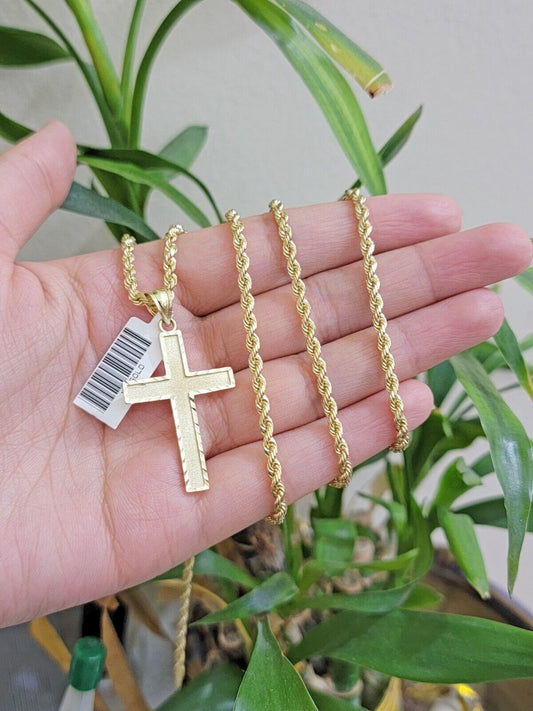 10k Gold Rope Chain Cross Charm Pendant Set 18" - 28" inch 3mm Necklace, REAL 10KT - Reva Jeweler