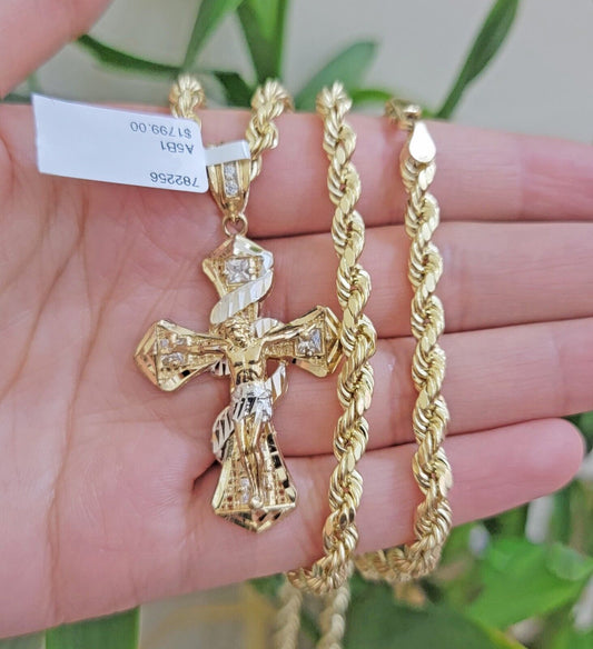 10k Gold Rope Chain Cross Charm Set Necklace 26" inch 5mm Jesus Pendant REAL 10K - Reva Jeweler