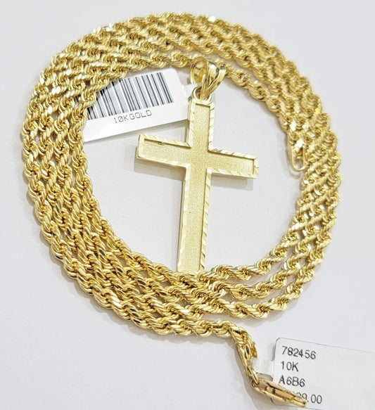10k Gold Rope Chain Cross pendant Set 3mm 26 Inch Necklace & Charm REAL 10kt - Reva Jeweler