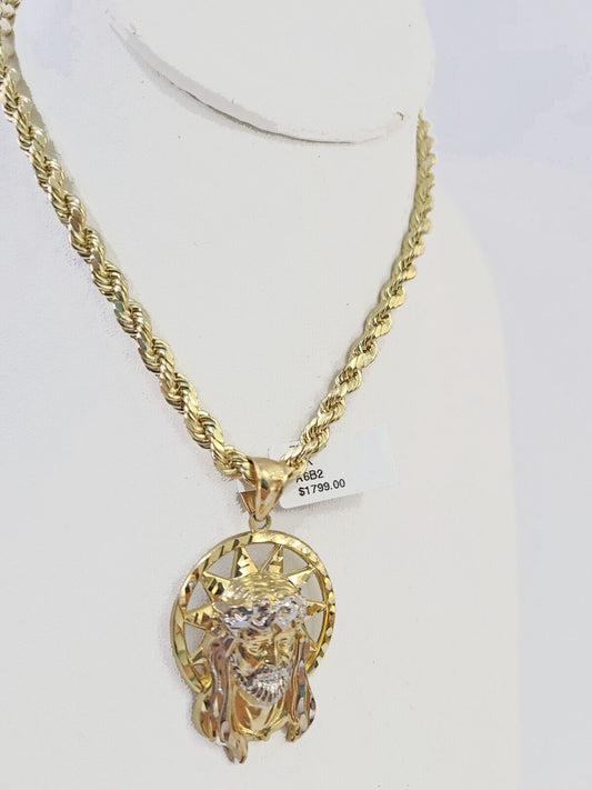 10k Gold Rope Chain & Jesus Head Charm SET 5mm 22 Inches Necklace - Reva Jeweler