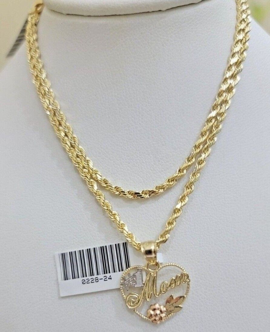 10k Gold Rope Chain Mom Heart Charm Pendant Set 16 - 28'' Inch 2.5mm Necklace REAL - Reva Jeweler