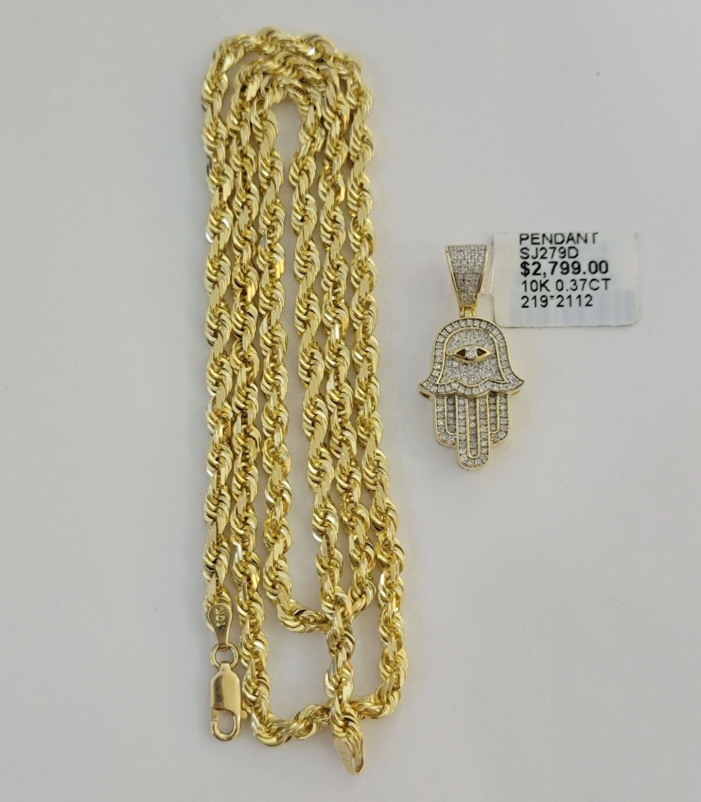 10k Gold Rope Chain necklace Hamsa Diamond Pendant Hamza Charm Necklace REAL - Reva Jeweler