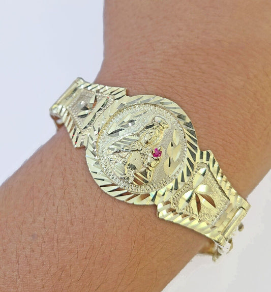 10k Gold Saint Barbara Miami Cuban Bracelet Size 8.25" Inches 15mm 10kt Mens - Reva Jeweler